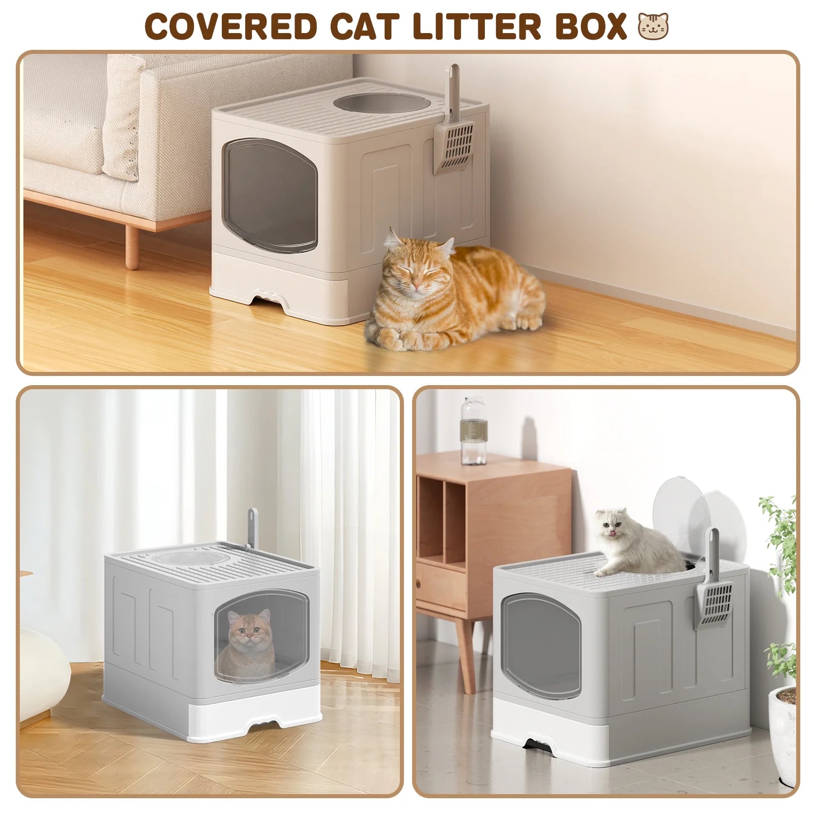 Large Foldable Cat Litter Box with Scoop, Front Entry Top Exit Cat Litter Pan with Lid, Enclosed Anti-Splashing Kitty Litter Box, Drawer Type Cat Litter Easy Cleaning and Scoop, White