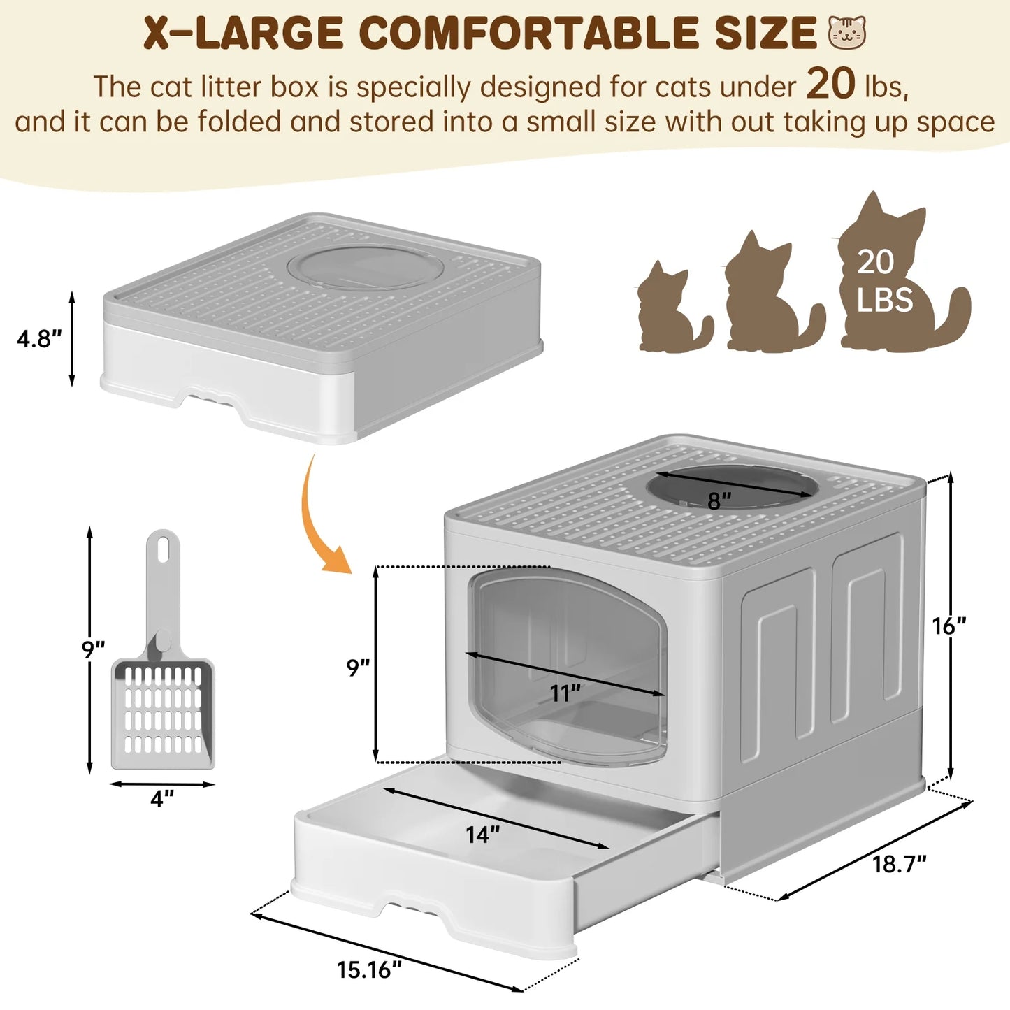 Large Foldable Cat Litter Box with Scoop, Front Entry Top Exit Cat Litter Pan with Lid, Enclosed Anti-Splashing Kitty Litter Box, Drawer Type Cat Litter Easy Cleaning and Scoop, White